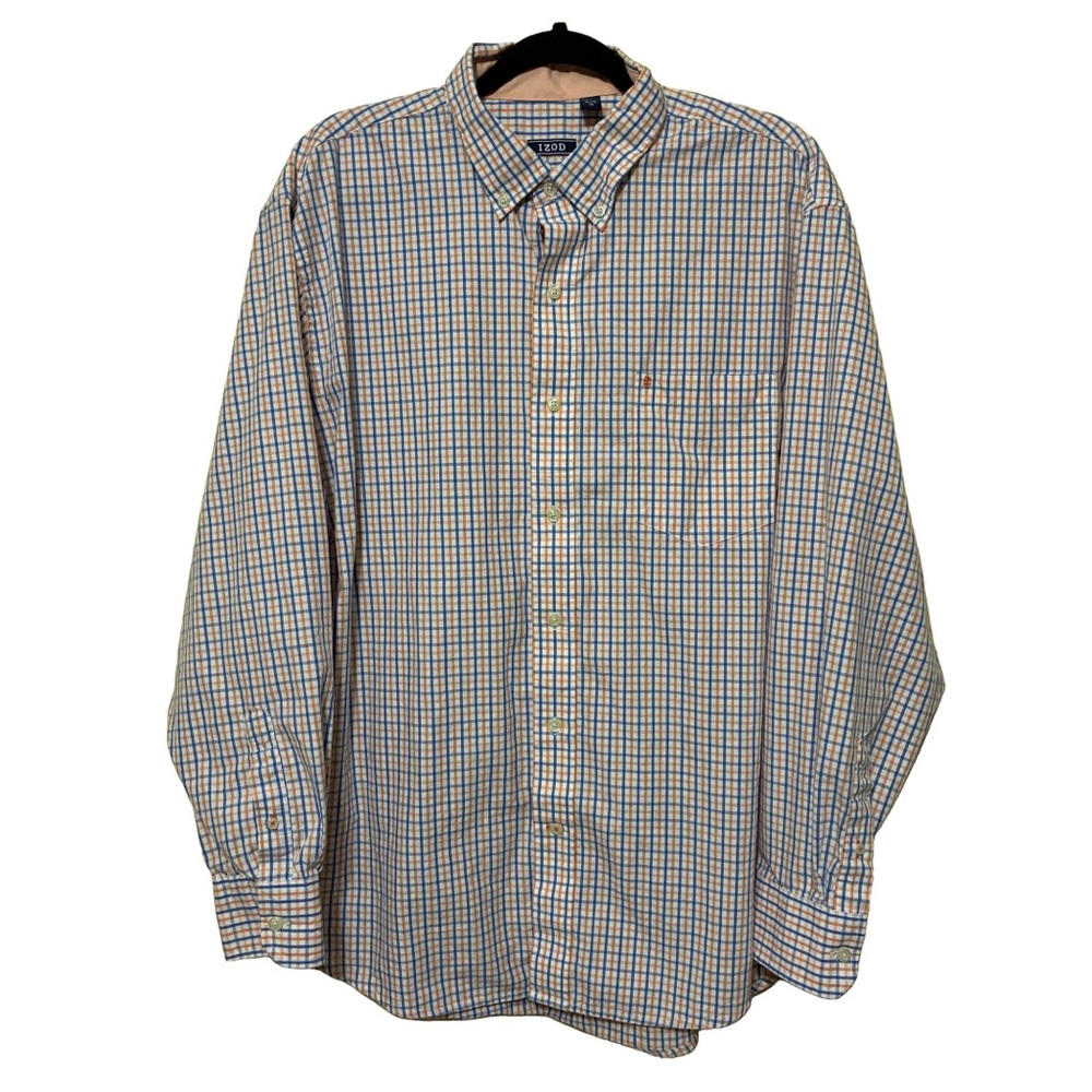 Izod Long Sleeve Button Down Shirt Men’s XL Tattersall Check Plaid Orange Blue